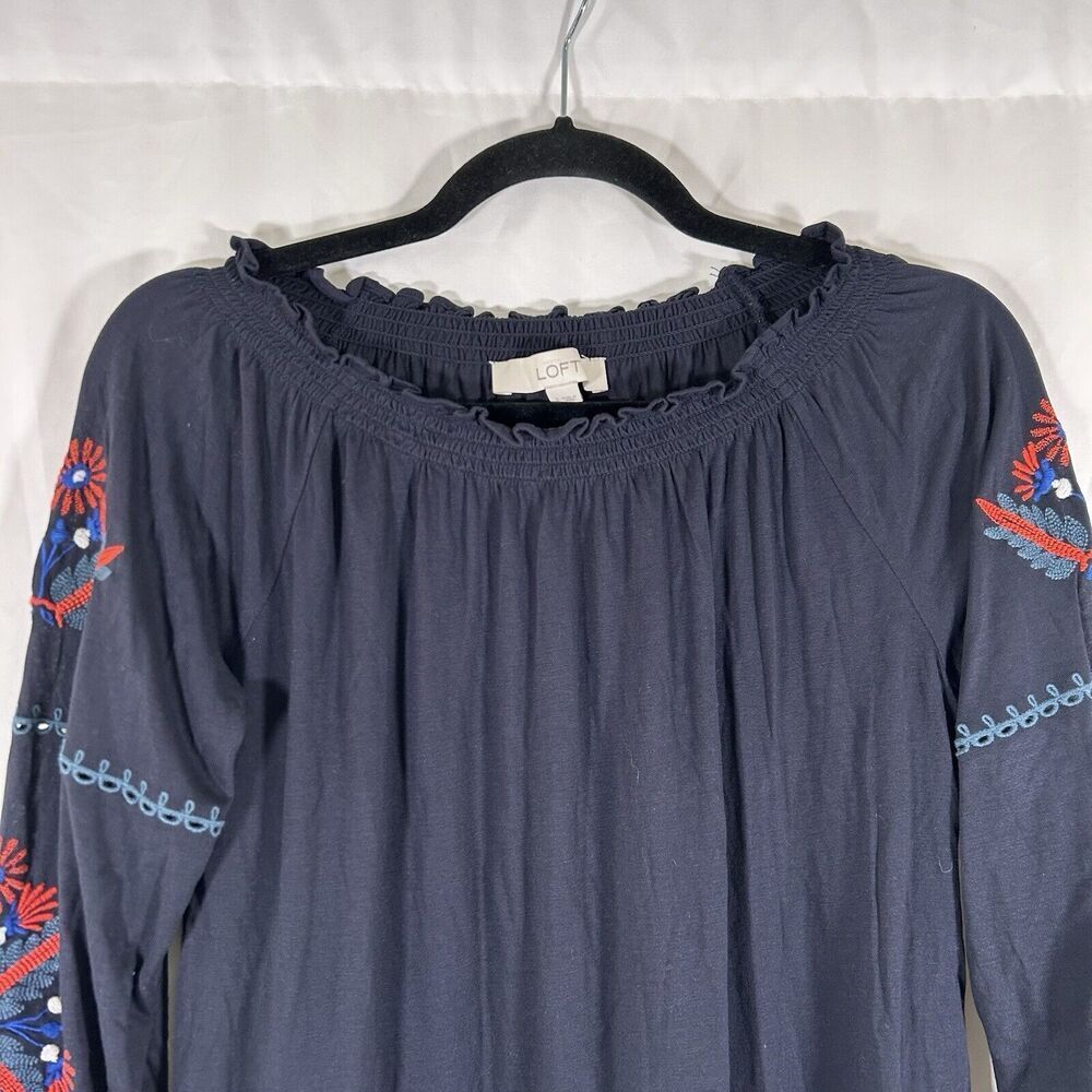 LOFT Blouse Women's Small Blue Long Sleeve Embroidered Sleeve Stretchy Neckline - Picture 2 of 9